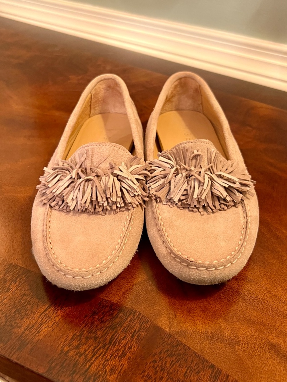 GUC M.Gemi Feliz Pom Pom Fringe Khaki Tan Suede Driving Loafers Flats Size 37 7 - Picture 3 of 9